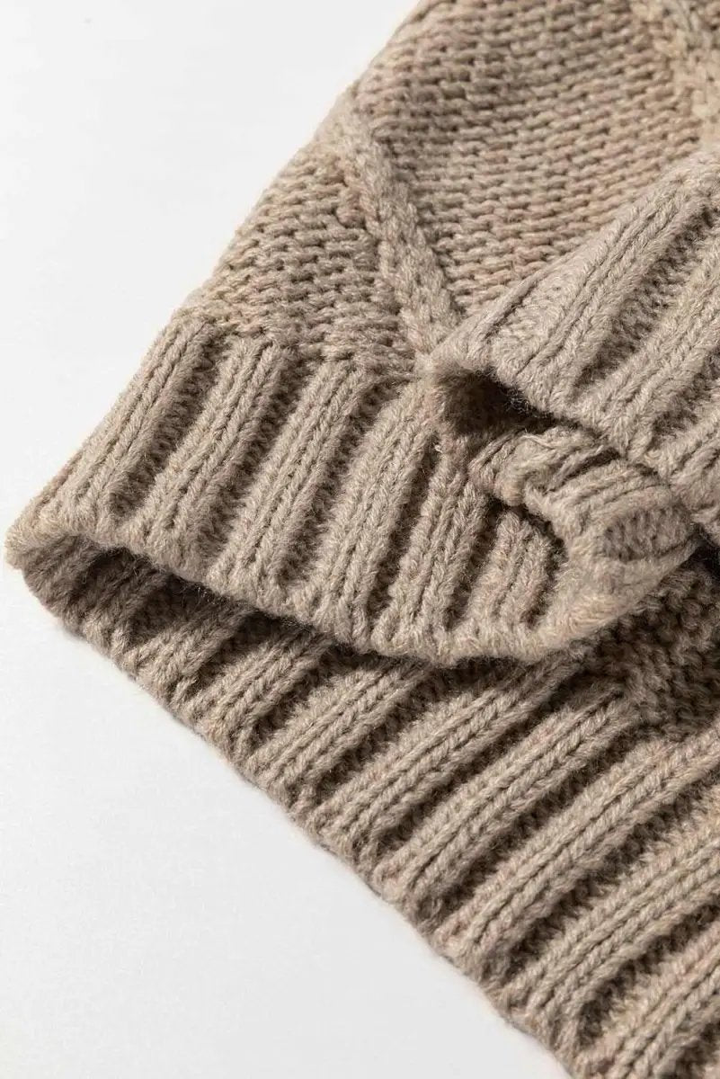 Chic Taupe Colorblocked Cable Knit Sweater with Satin Bow Detail - Love Salve